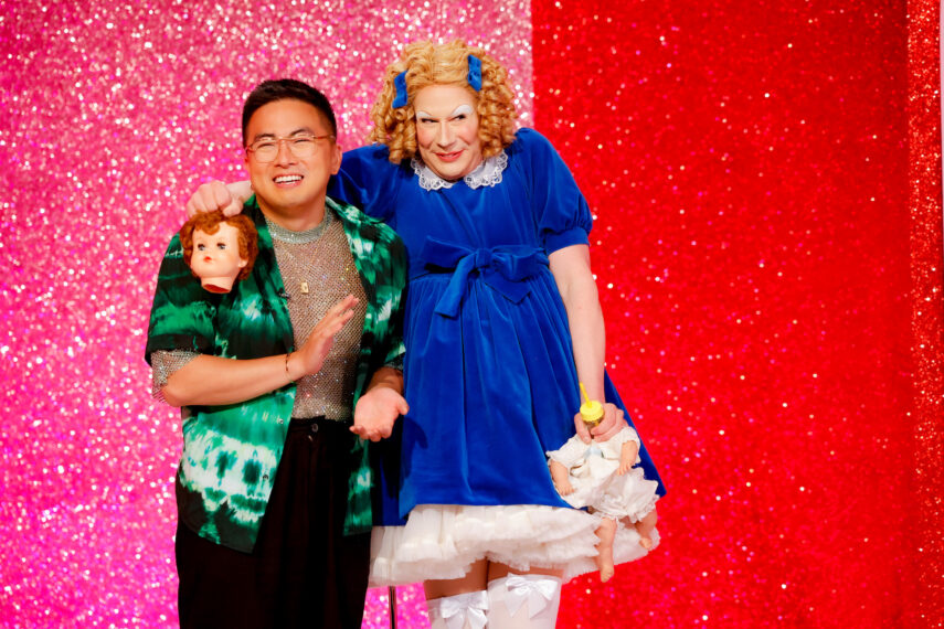 Jimbo as Shirley Temple with guest judge Bowen Yang on 